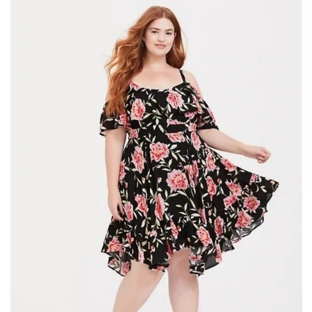 Torrid Mini Gauze Floral Cold Shoulder Skater Dress